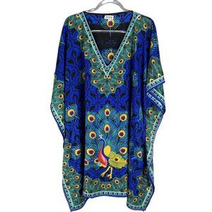Jovie One Size Peacock Floral Kaftan Long Dress Pockets Vibrant Multicolor Boho